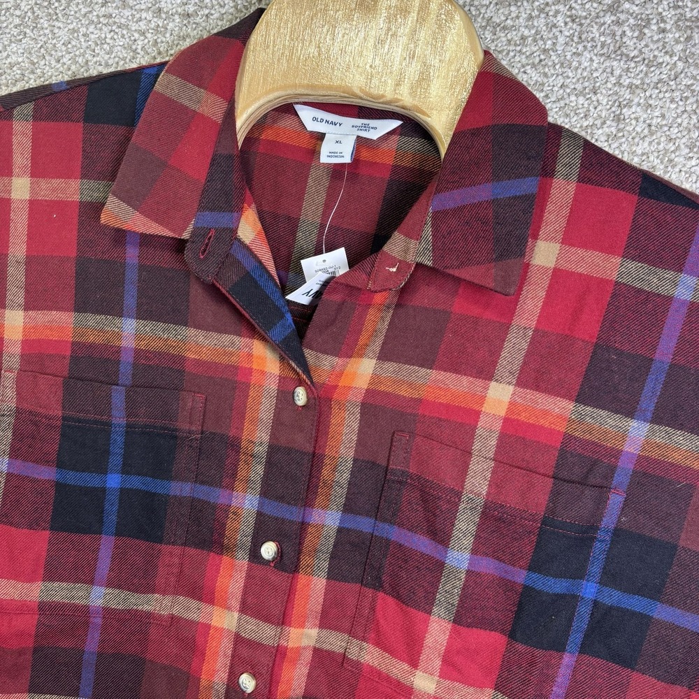 NWT Old Navy Boyfriend Shirt Womens XL Red Plaid Flannel Button Up Long Sleeve